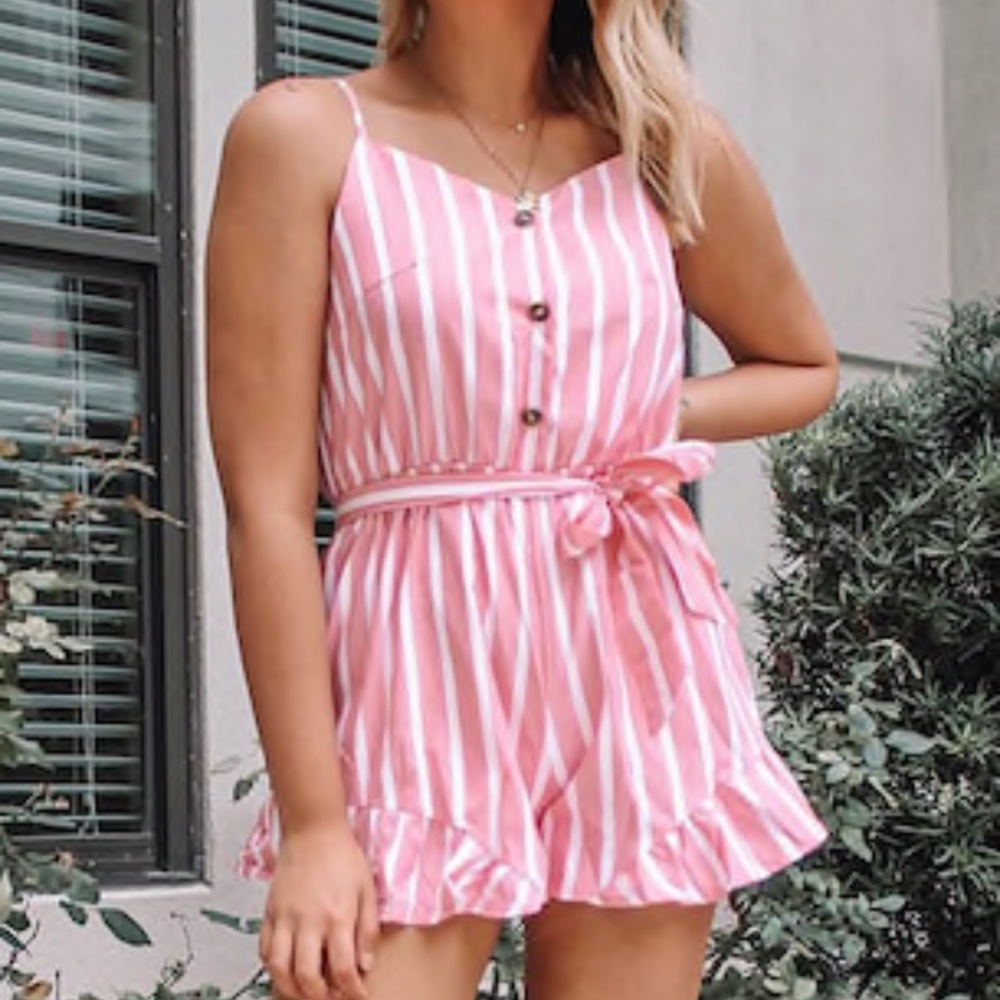 Pink Striped Romper With Button & Bow Detail - Picture 7 of 8